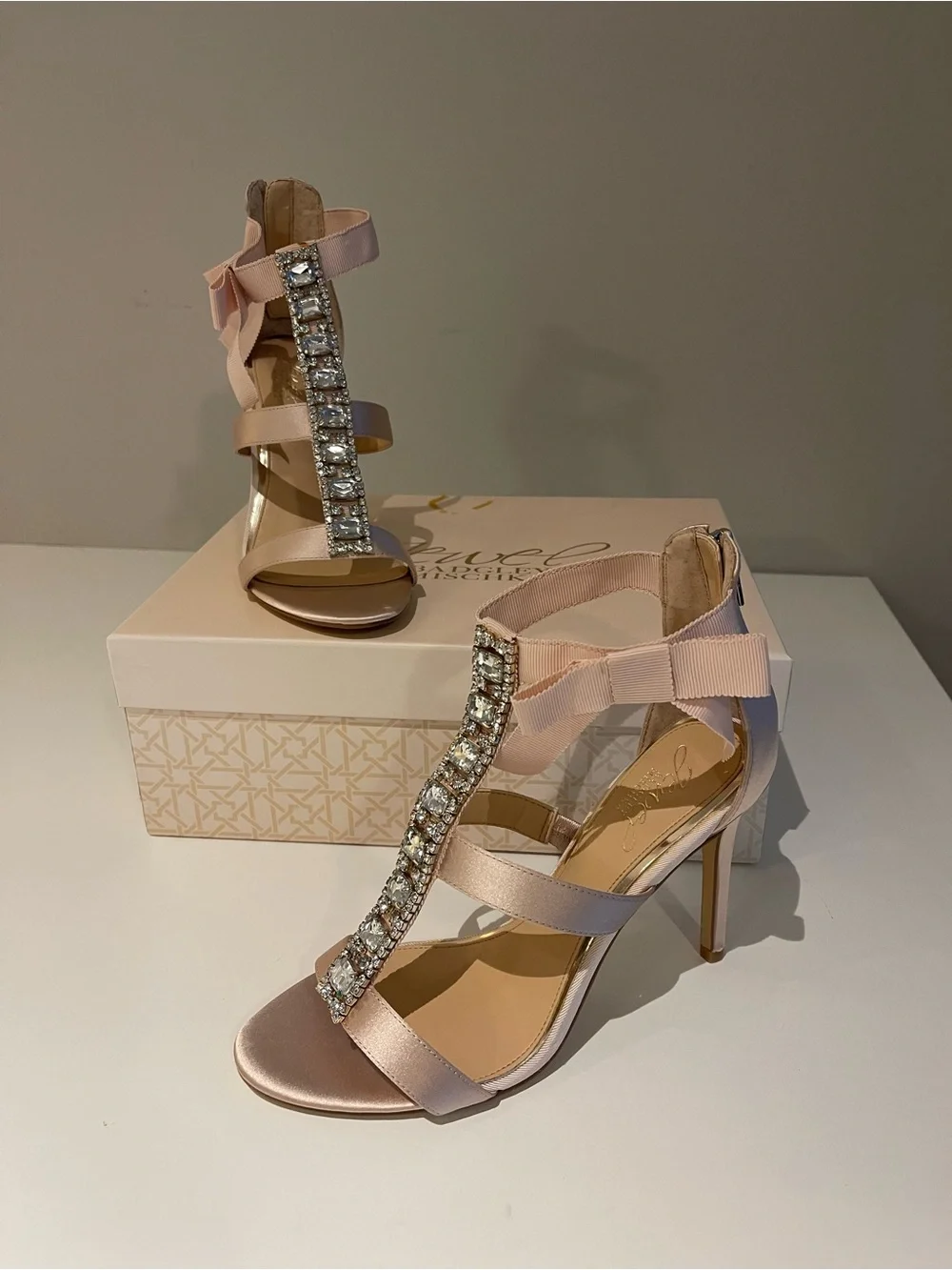 Jewel Badgley Mischka Blush Pink Satin T-Strap Heels with Rhinestone Bow